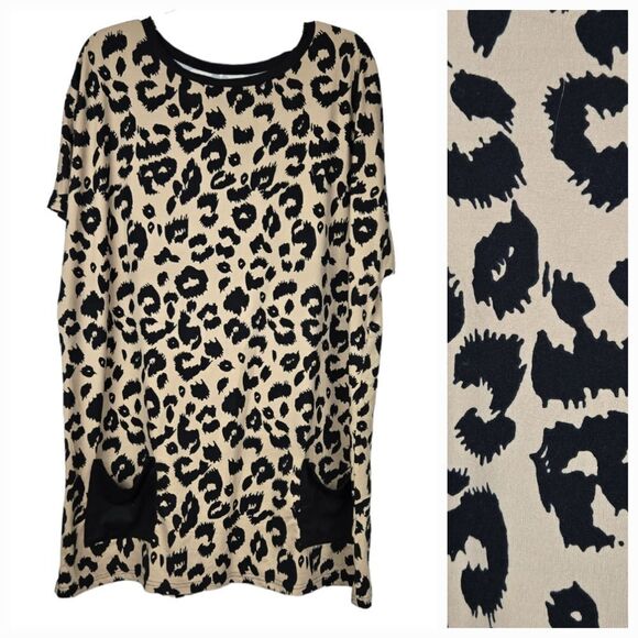 Leopard Camo Print Pocketed T-shirt Tunic Mini Dress Animal Print Dolman Sleeve - Picture 1 of 11